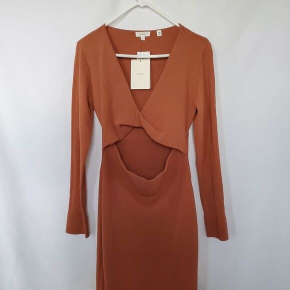 NWT A.L.C. Women's Midi Dress XL Orange Ribbed Knit V-Neck Long Sleeve Cutout - Picture 7 of 9